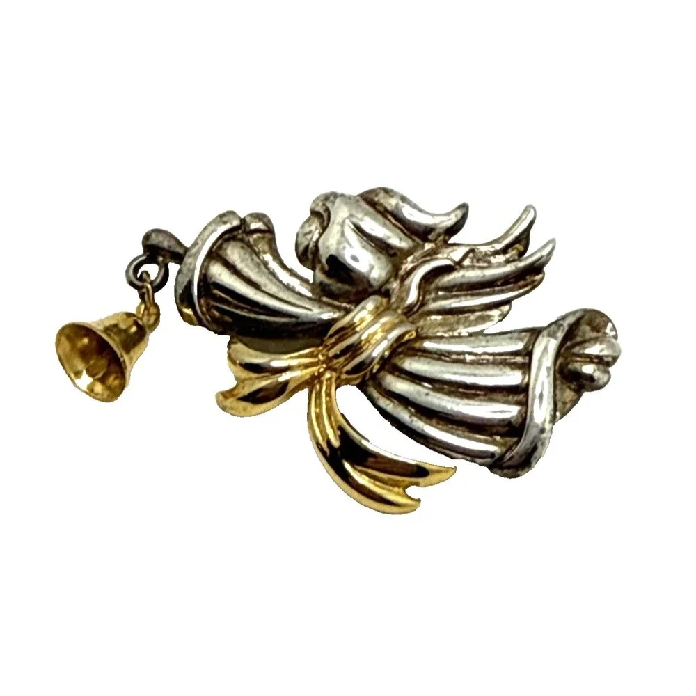 Vintage TONA Angel with Bell Brooch Silver Gold Tone Dangle Charm Pin 2